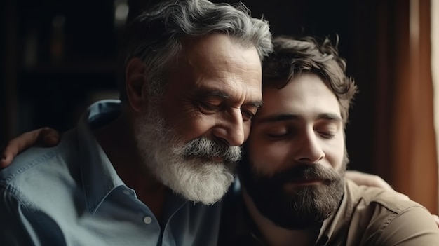 Jonge man met oudere vader knuffelen samen Gelukkige vaderdag