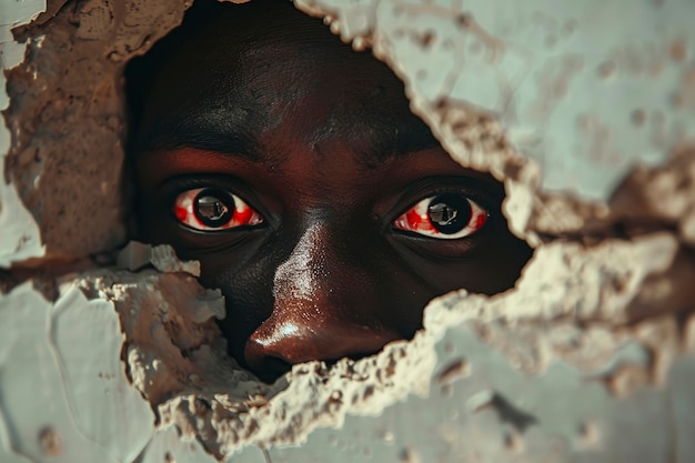 Jonge man met rode ogen die door een gat in de muur kijkt