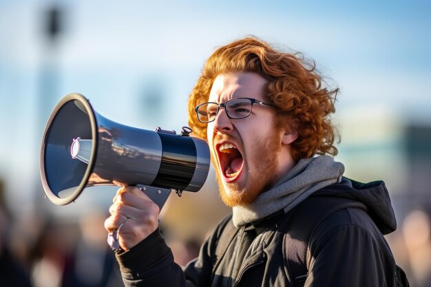 Jonge man met rood haar schreeuwt door de luidspreker bij het protest tegen het concept van de burgerlijke ongehoorzaamheid.