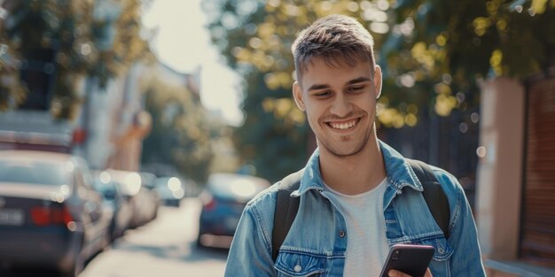 Foto jonge man met smartphone op straat generatieve ai