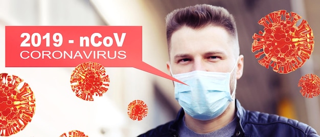 Foto jonge man met steriel gezichtsmasker tegen coronavirus