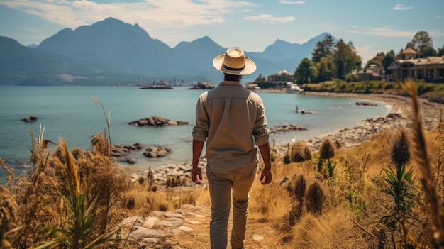 jonge man met strohoed op het strand met bergen in zonnige dag