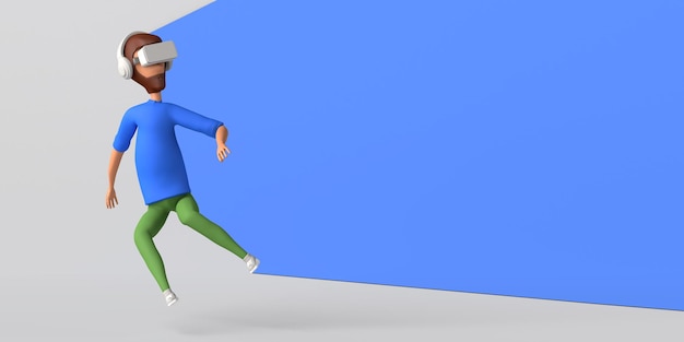Jonge man met virtual reality-bril die naar de metaverse 3D-afbeelding kijkt Ruimte kopiëren
