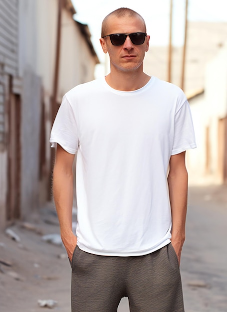 Jonge man met wit wit T-shirt en zonnebril die op straat staat