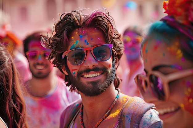 Jonge man met zonnebril glimlachend bedekt met Holi-kleuren