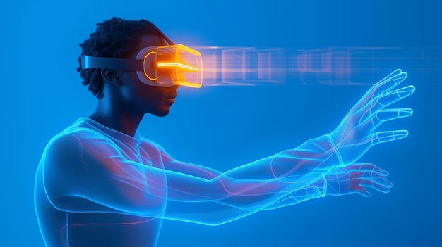 Jonge man ondergedompeld in een futuristische VR-ervaring omringd door neonlichten