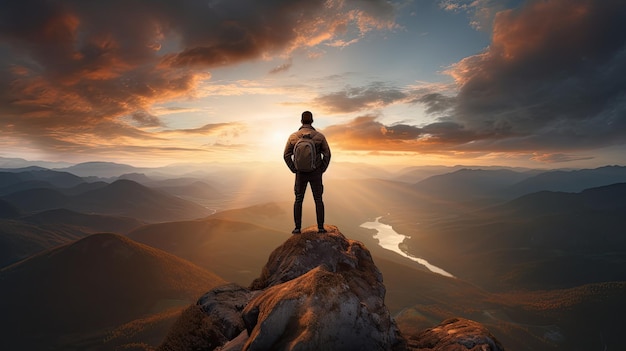 Jonge man op de bergtop die naar de zonsondergang kijkt
