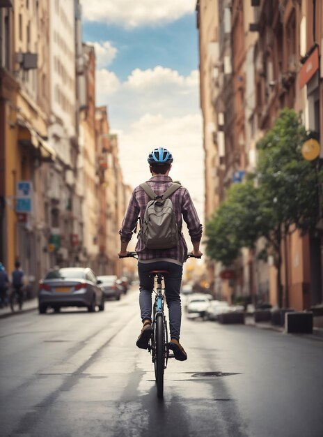 Jonge man op een fiets die reist op een achteraanzicht van de stadsweg