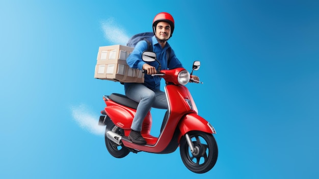 Jonge man op een scooter levert eten aan een klant via het air Delivery concept