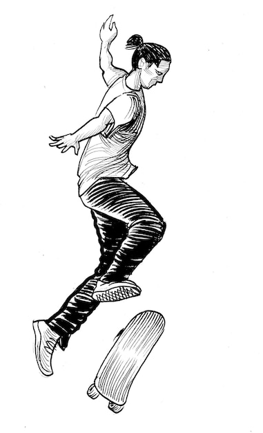 Jonge man op skateboard Inkt zwarte en witte tekening