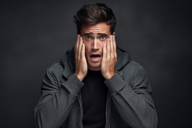 jonge man poseert in de studio met een uitdrukking van verbazing en bezorgdheid