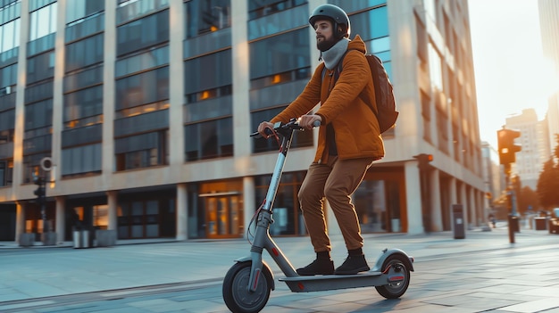Jonge man rijdt op een elektrische scooter door de stad Hij draagt een helm en casual kleding De zon gaat onder in de achtergrond