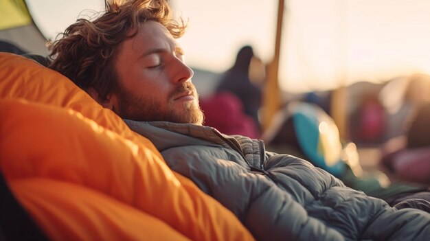 Jonge man slaapt in een tent op het strand Camping levensstijl generatieve ai