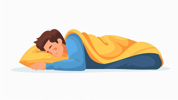 Jonge man slaapt ontspannen op kussen Zoete droom rust slaap geïsoleerde moderne illustratie tegen witte achtergrond Slaper liggend in zijpositie onder de deken Jonge man sliep ontspannend op