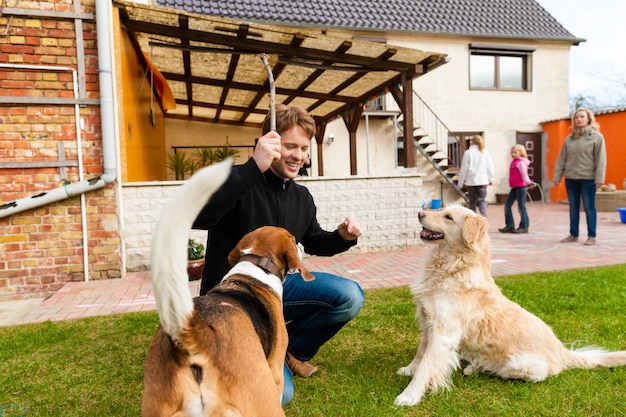 Jonge man spelen met zijn honden in de tuin