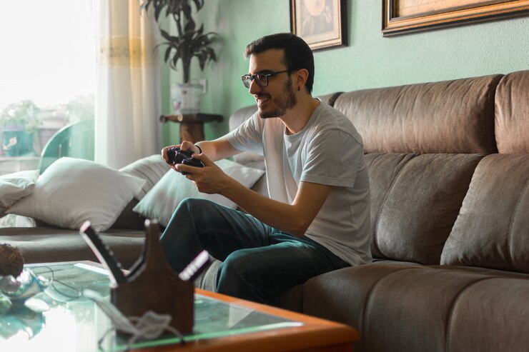 Jonge man spelen videogame bedrijf draadloze controller