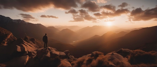 Jonge man staande op de top van de klif in de zomer bergen bij zonsondergang en genieten van uitzicht op de natuur