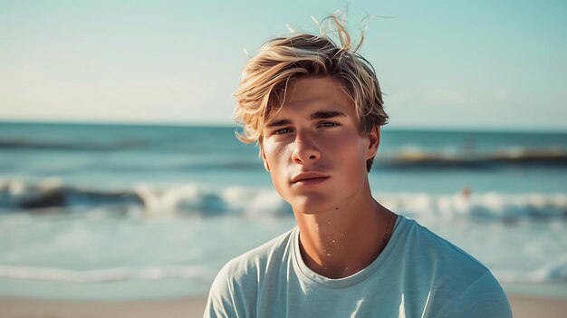 Jonge man staat op het strand bij de oceaan Generatieve AI