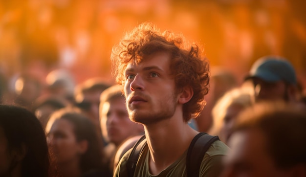 Jonge man student met toeschouwers op een zomermuziekfestival bij zonsondergang