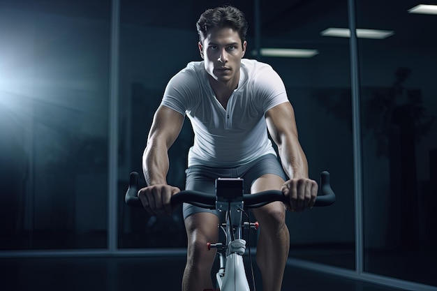 Jonge man tijdens een training op een slimme sportfiets Wetenschappelijke benadering van training voor maximale prestaties