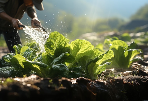 jonge man water planten in de tuin Het beeld is verlicht door de zon druppels water zijn zichtbaar