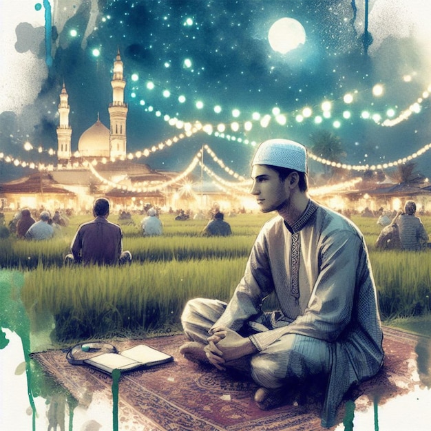 Jonge man waterkleurige stijl vibreert's nachts bij rijstveld met Ramadan decoraties