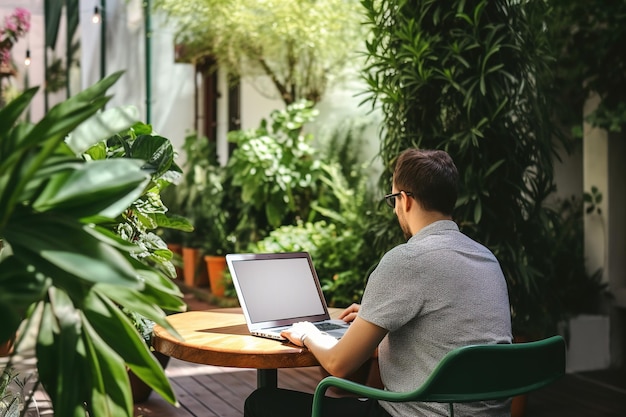 Jonge man werkt op afstand aan laptop buiten in tuin generatieve ai