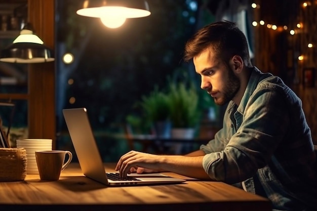 Jonge man werkt op een computer op kantoor Freelancer werkt vanaf een laptop Bedrijfsonderwijsconcept Generatieve AI