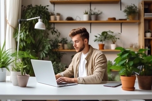 Jonge man werkt op een computer op kantoor Freelancer werkt vanaf een laptop Bedrijfsonderwijsconcept Generatieve AI