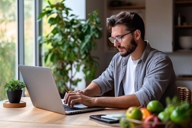 Jonge man werkt op een computer op kantoor Freelancer werkt vanaf een laptop Bedrijfsonderwijsconcept Generatieve AI