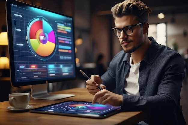 Jonge man wijst op het marketingplanconcept via een tabletcomputer