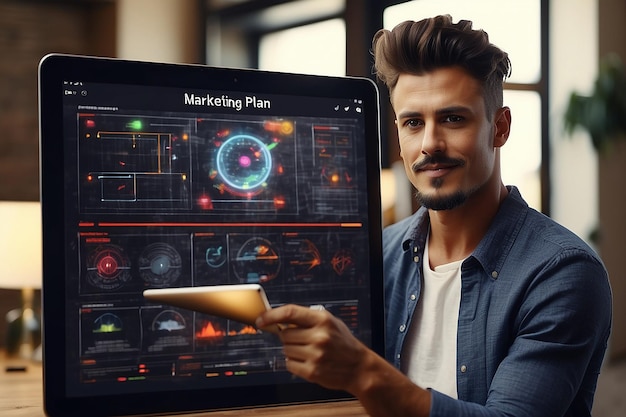 Jonge man wijst op het marketingplanconcept via een tabletcomputer