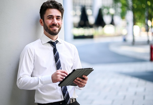 Jonge manager die buiten een digitale tablet gebruikt