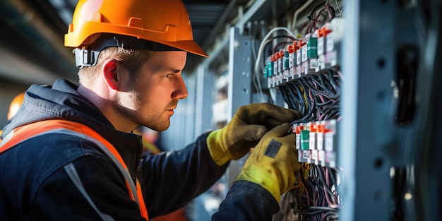 jonge mannelijke elektricien in veiligheidshelm en beschermende kleding op het werk Generatieve AI