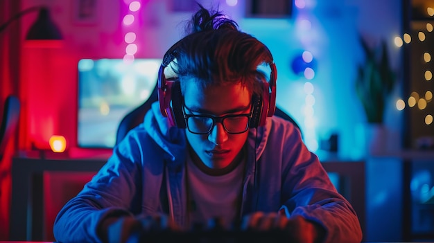 Jonge mannelijke gamer die online videogames speelt terwijl hij streaming maakt op sociale media