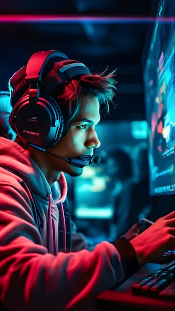 Jonge mannelijke gamer met een headset die videogames speelt met een computer en meerdere schermen verlicht met