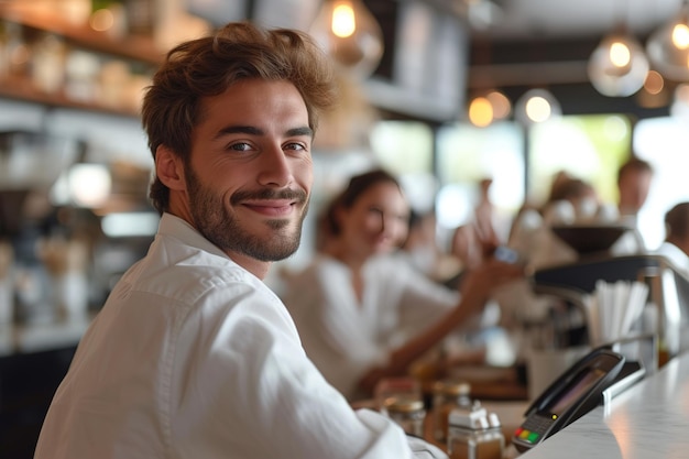 Jonge mannelijke medewerkers poseren en glimlachen in een koffiebar