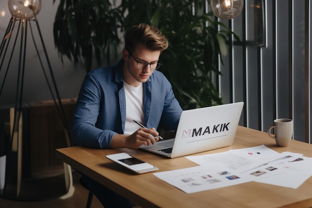 Jonge mannelijke professional die op een laptop werkt in een modern kantoor