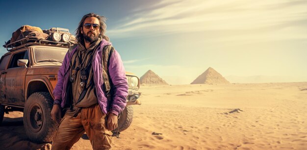 Jonge mannelijke reiziger staat bij zijn SUV Sunset in de zandwoestijn van Egypte reis en avontuur