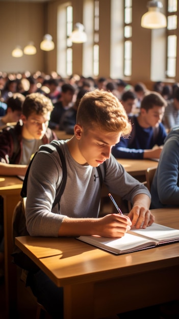 Jonge mannelijke student schrijft aantekeningen in een drukke collegezaal