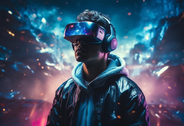 Jonge mannen dragen een virtuele realiteitsbril in neonkleuren. Hoogontwerp, zeer gedetailleerd.