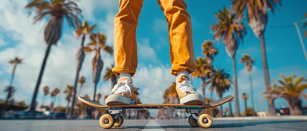 Jonge mannetjes skateboarden over een omgeving van palmbomen en een idyllische blauwe hemel zomer vibe en ruimte Generatieve AI