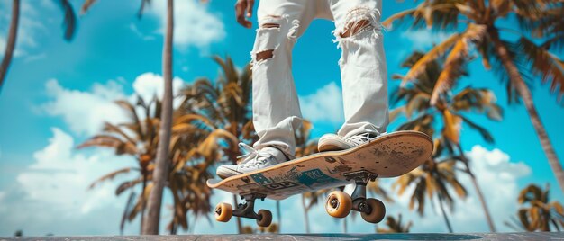 Jonge mannetjes skateboarden over een omgeving van palmbomen en een idyllische blauwe hemel zomer vibe en ruimte Generatieve AI
