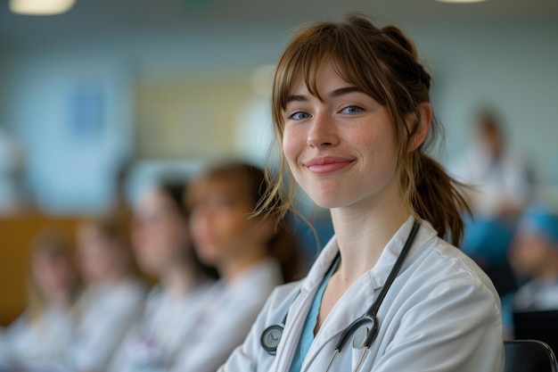 Foto jonge medische student die glimlacht tijdens een lezing