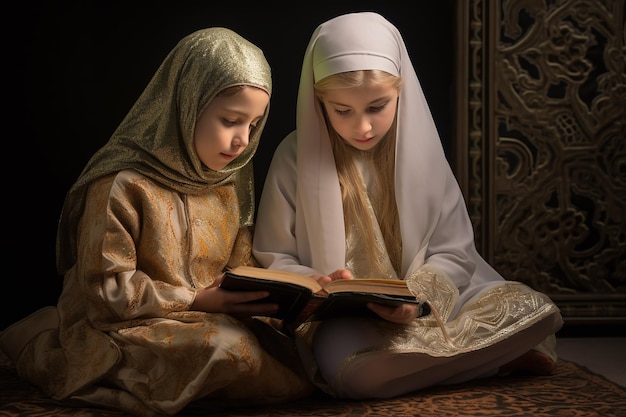 jonge meisjes die de koran lezen in een islamitische school in de stijl van cultureel diverse elementen groen een