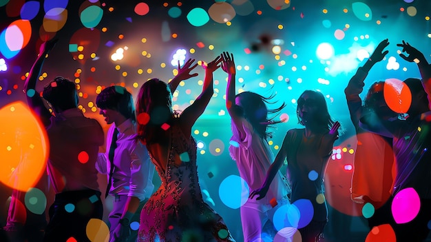 Jonge mensen dansen op een feestje ze zijn allemaal gekleed in casual kleren en hebben een goede tijd de achtergrond is een vage van lichten en kleuren
