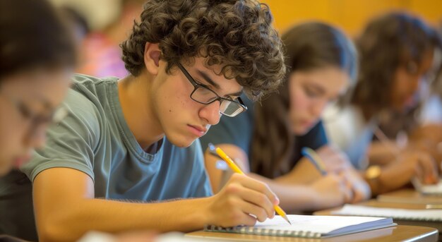 Foto jonge mensen die aan tafel studeren