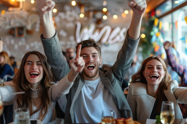 Jonge mensen vieren de overwinning op een kantoorvergadering.