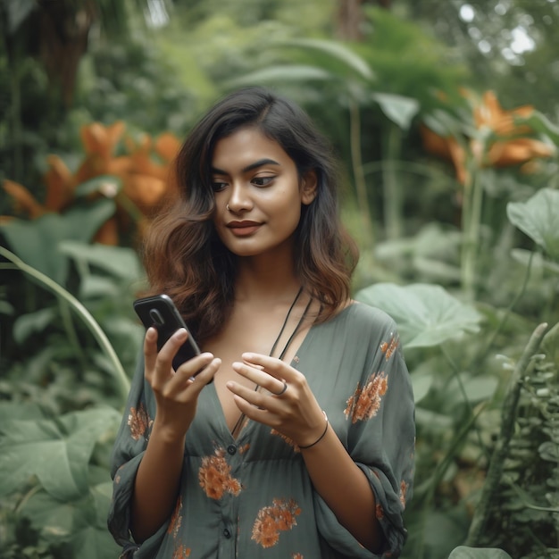 jonge Mexicaanse vrouw met een telefoon in een natuurtuin