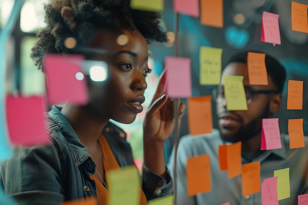 Jonge mixer race zakenvrouw manager uitleggen strategie ideeën op kleverige notities op glazen muur aan